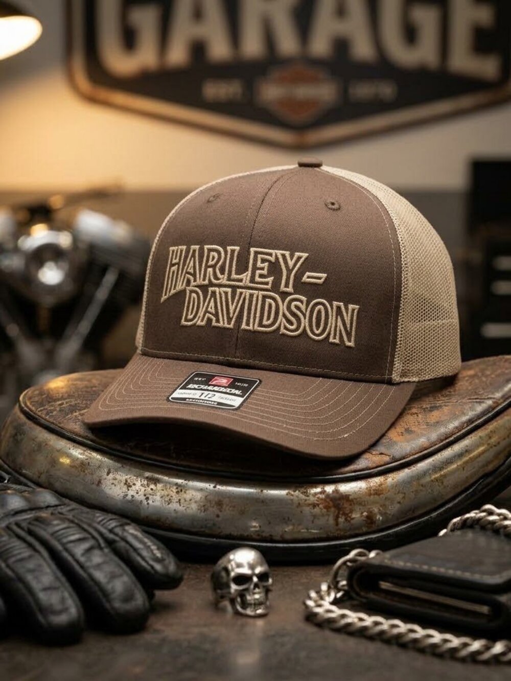 Retro Harley Davidson Hat Brown Khaki Tan Richardson 112 Trucker Snapback Cap US